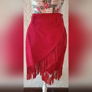 Red Suede Fringed Wrap Western Skirt